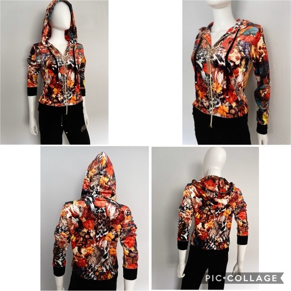NWT WOMEN VELOUR TRACKSUIT SET JACKET/BLACK PANTS FLORAL PRINT LOUNGEWEAR HOODED - Picture 5 of 11